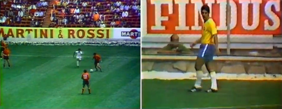 Vintage football match with painted perimeter ads for Martini & Rossi and Findus, showcasing early pitch-side sponsorship in the 1970s.